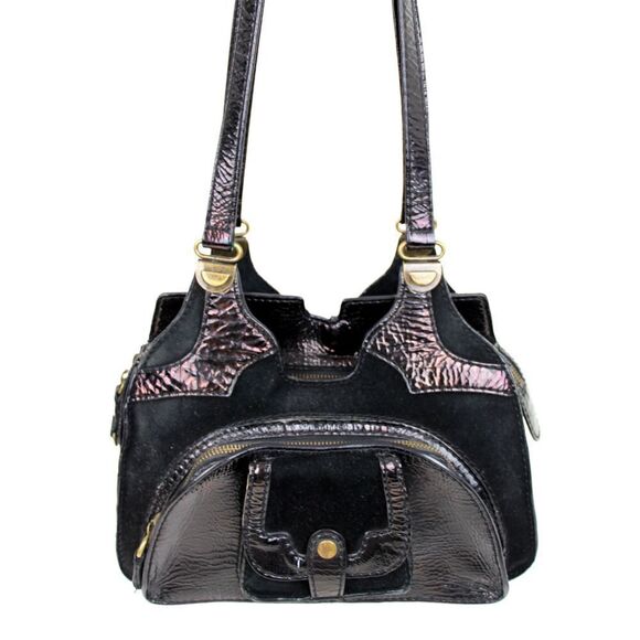 BICA CHEIA BLACK CRINKLED GENUINE LEATHER SUEDE TOTE SHOULDER BAG HANDBAG PURSE - Picture 5 of 10